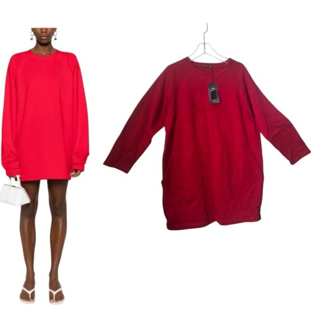 Zara NEW Cotton Fleece Tunic Crew Neck Mini Dress Pockets Oversized Shirt Red L